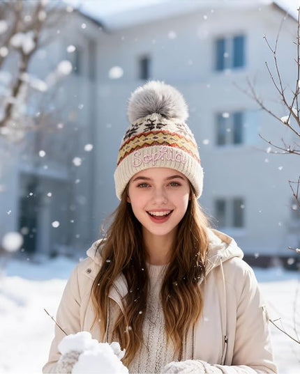 Personalized Beanie for Women Custom Knit with Name, Winter Hat with Pom Pom, Soft Lined Warm Hat, Birthday Gift