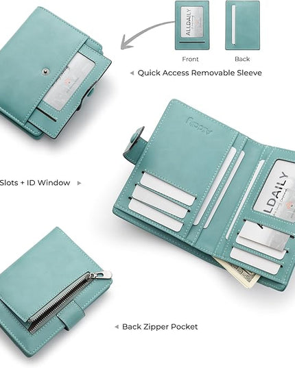 Alldaily Small RFID Blocking Leather Wallet for Women, Bifold with 10 Card Slots and Zipper Pocket (Purist Blue)