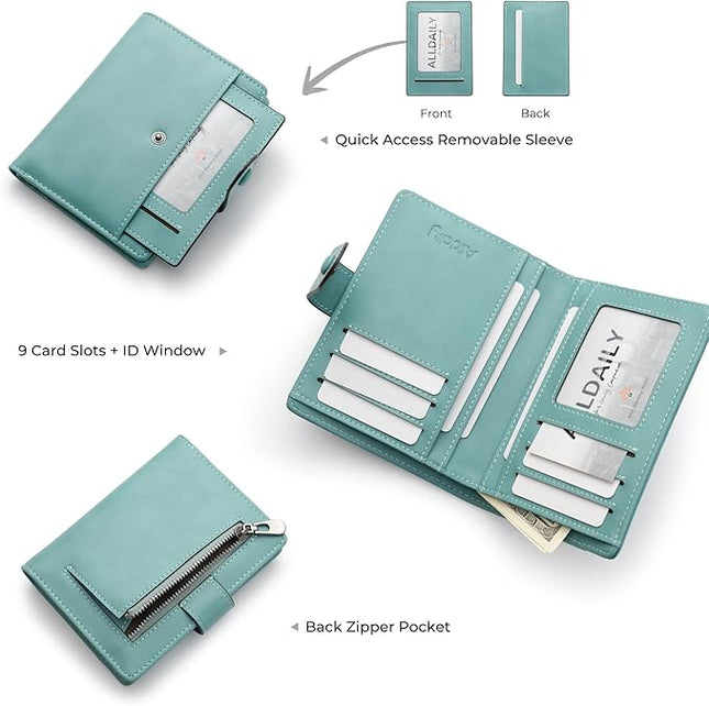 Alldaily Small RFID Blocking Leather Wallet for Women, Bifold with 10 Card Slots and Zipper Pocket (Purist Blue)
