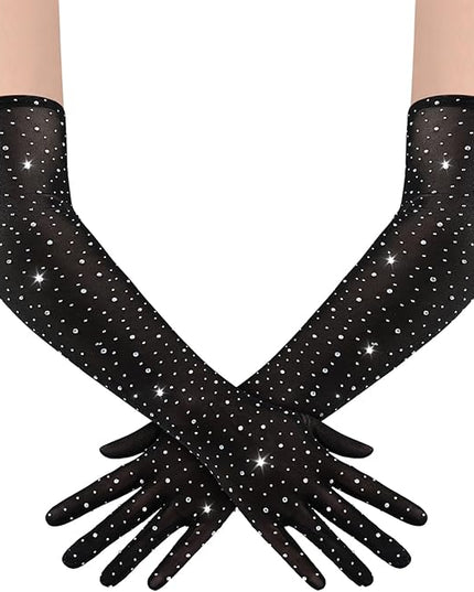 BABEYOND Mesh Gloves for Women - Long Rhinestone Tulle Sheer Sparkly Elbow Length Stretchy Accessory for Opera Party