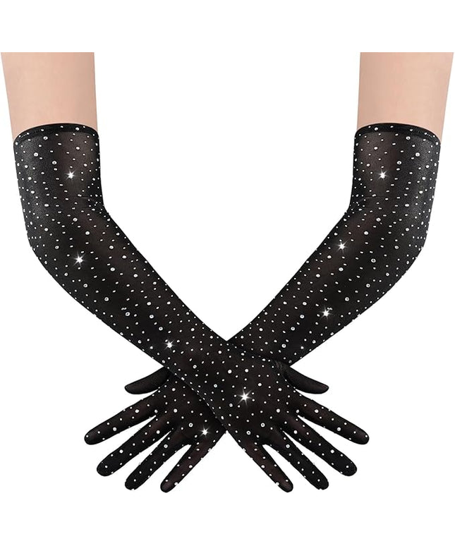 BABEYOND Mesh Gloves for Women - Long Rhinestone Tulle Sheer Sparkly Elbow Length Stretchy Accessory for Opera Party