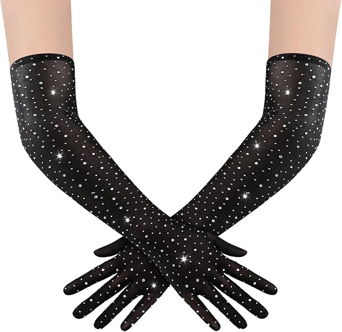 BABEYOND Mesh Gloves for Women - Long Rhinestone Tulle Sheer Sparkly Elbow Length Stretchy Accessory for Opera Party