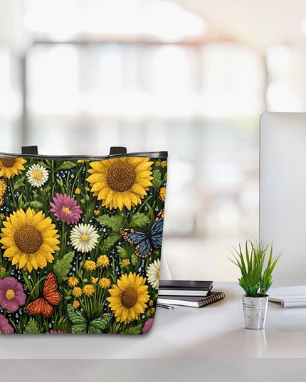Pardick Canvas Tote Bags, Sunflower Daisy Butterfly Tote Bag Eco Friendly Reusable Grocery Shopping Bagsfor Beach, Books, Women with Zipper Inner Pocket