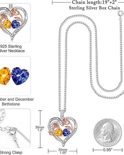 Iefil Christmas Gifts for Women Wife - 925 Sterling Silver Rose Heart Birthstone Necklace Birthday Anniversary Jewelry Gifts for Her Wife Mom Daughter