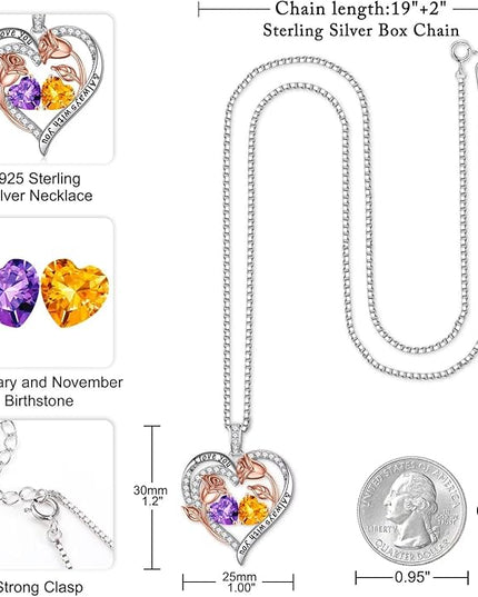 Iefil Christmas Gifts for Women Wife - 925 Sterling Silver Rose Heart Birthstone Necklace Birthday Anniversary Jewelry Gifts for Her Wife Mom Daughter