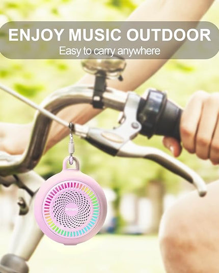 SOWO Small Waterproof Speaker Bluetooth Portable Wireless - Clip Speaker for Shower - Powerful Bass and Louder Volume - Colorful Lights and Lightweight for Travel,Kitchen,Pool - Pink