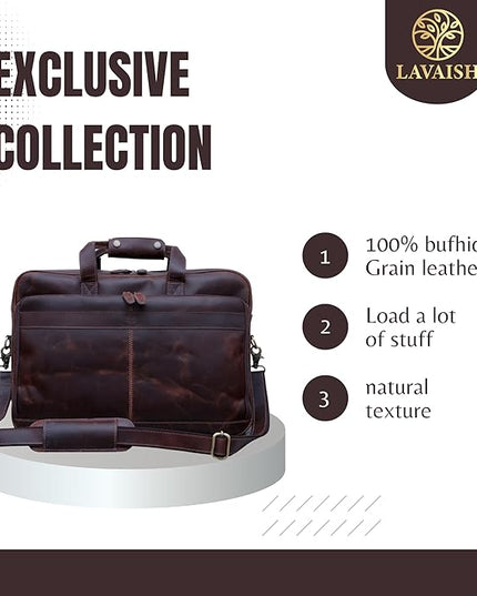 Handmade Full-Grain Leather Briefcase for Men & Women–17" Laptop Bag with Computer Compartment Office Satchel Bag