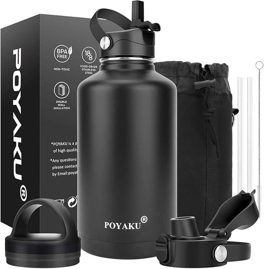 Water Bottle Insulated 32oz 40oz 64oz 128oz Straw Lid Spout Lid & 3 Lids, Leak Proof, Vacuum Insulated,Stainless Steel Water Bottle Wide Mouth for Sports, Gym or Office