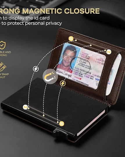 RUNBOX Slim Card Wallet for Men with ID Window – Minimalist RFID Wallet, Pop-Up Function, Ultra Thin Design, Metal Business Card Case Holds 8+ Cards, Gifts for Men, Men's Accessories