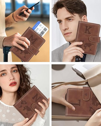 Passport Holder Wallet Cover Personalized Letter A-Z Travel Wallet RFID Blocking Passport Cover Wallet Case for Travel Passport Book Holders for Women and Men, Brown-N