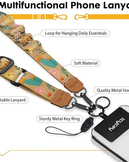 Phone Lanyard Crossbody, Highland Cow Cell Phone Strap for Around The Neck Adjustable, Western Teacher Anti Theft Cute Lanyard for iPhone Case ID Holder Keys Accessories Travel Essential