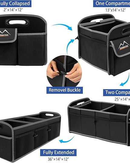 M KARMATER Car Trunk Organizer,Machine Washable PP Materials 3 Compartments Car Storage,95L Waterproof Polyester Cars Accessories Organizer and 6 Pockets, Suitable for SUV, Minivan, Truck(Black)