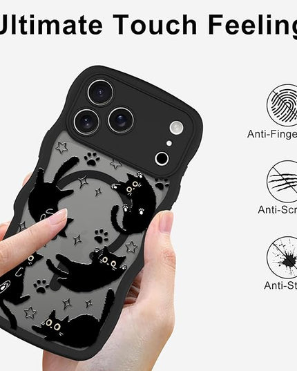 Cute Case for iPhone 17 Pro Case [Compatible with MagSafe] with Kawaii Black Cats Cat Print Pattern Design for Women Girls, Soft Wavy Edge Anti-Slip Animal Magnetic Protective Phone Cover