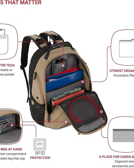 SwissGear 1900 ScanSmart 17” Laptop Backpack Brown– Reflective Tech Backpack with ScanSmart Compartment – Multiple Organizer Pockets & RFID Scan Blocking Technology