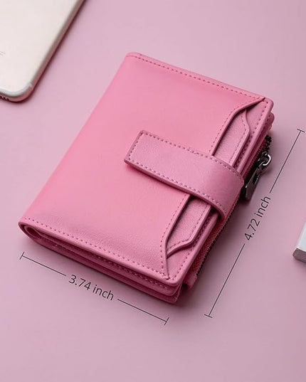 Bveyzi Women's Small Leather RFID Blocking Bifold Zipper Pocket Wallet Ladies Credit Card Slots Purse with id Window