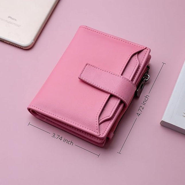 Bveyzi Women's Small Leather RFID Blocking Bifold Zipper Pocket Wallet Ladies Credit Card Slots Purse with id Window