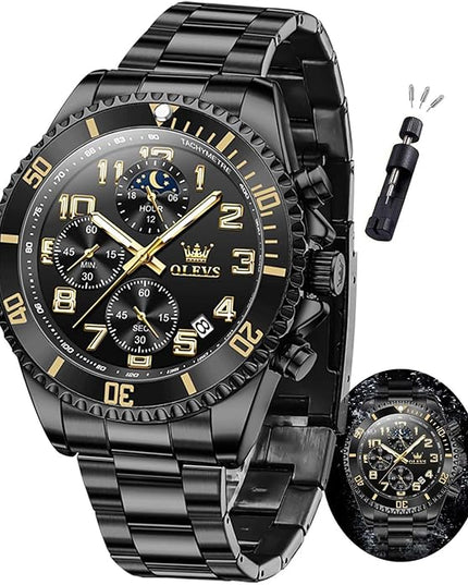 OLEVS Mens Watches Chronograph Watch Luxury Dress Stainless Steel Waterproof Watches for Men Moon Phase Luminous Business Calendar Wrist Watch Blue/Black/Green/Gold/Face