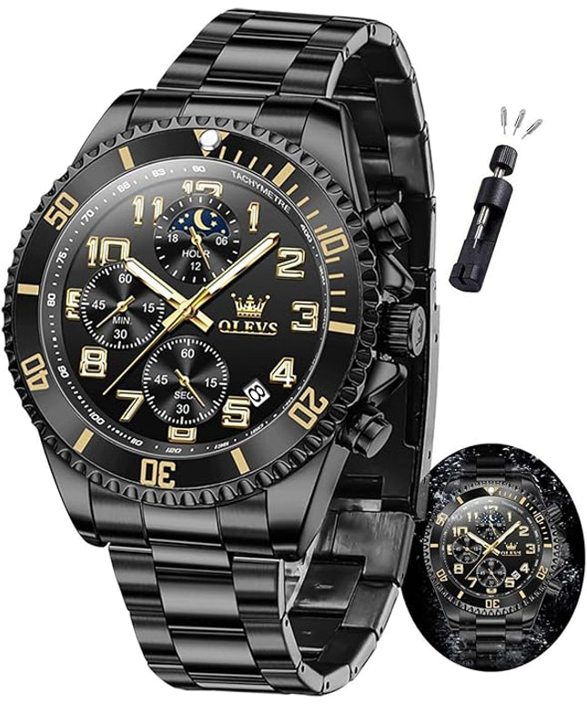 OLEVS Mens Watches Chronograph Watch Luxury Dress Stainless Steel Waterproof Watches for Men Moon Phase Luminous Business Calendar Wrist Watch Blue/Black/Green/Gold/Face