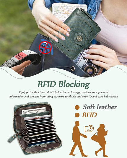 TFKGS Small Womens Wallet Leather RFID Blocking Bifold Compact Card Holder Ladies Zipper Accordion Pocket with ID Window Green