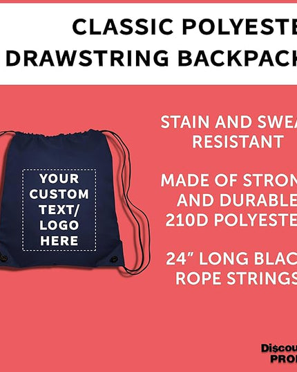 DISCOUNT PROMOS Custom Classic Polyester Drawstring Bagpack Set of 10/50/100, Personalized Bulk Pack - Great for Travelling, Gym and for Everyday Use - Navy Blue