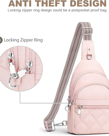 Sling Bag for Women, Anti-Theft RFID Crossbody Bag Nylon Sling Purse for Travel, Puffy Small backpack for Daily Hiking Sports Pink