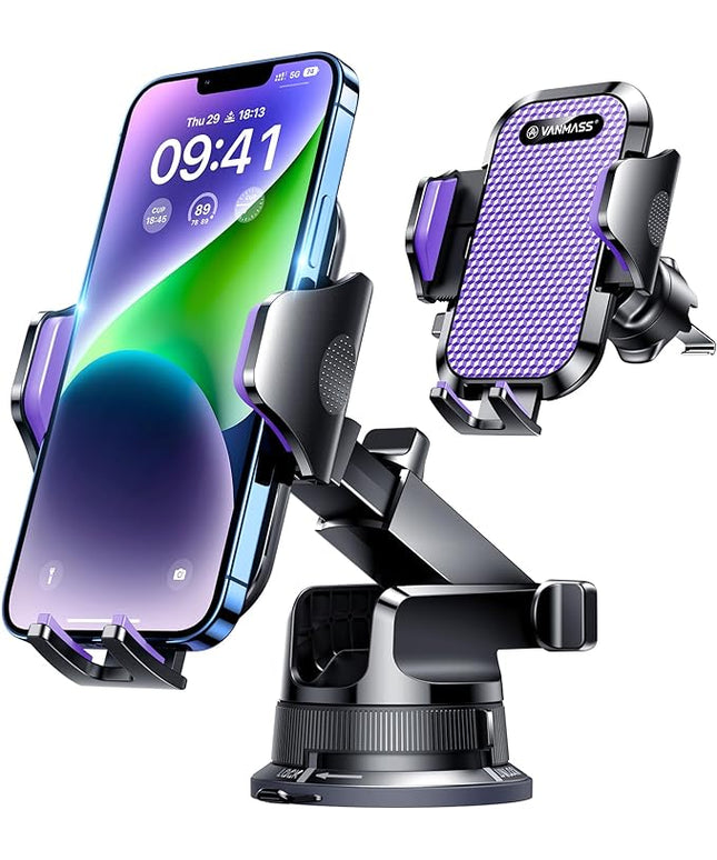 VANMASS [True Military-Grade] Car Phone Holder [Upgraded Suction & Clip] Cell Phone Mount for Dashboard Windshield Vent Truck Cradle Dash Stand for iPhone 16 Pro Max 15 14 13 12 Android, Purple