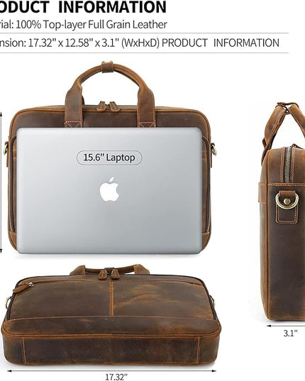 Jack&Chris Full Grain Leather Briefcase for Men, Business Messenger Bag Laptop Bag Attache Case, Fits 15.6 Inch Laptop