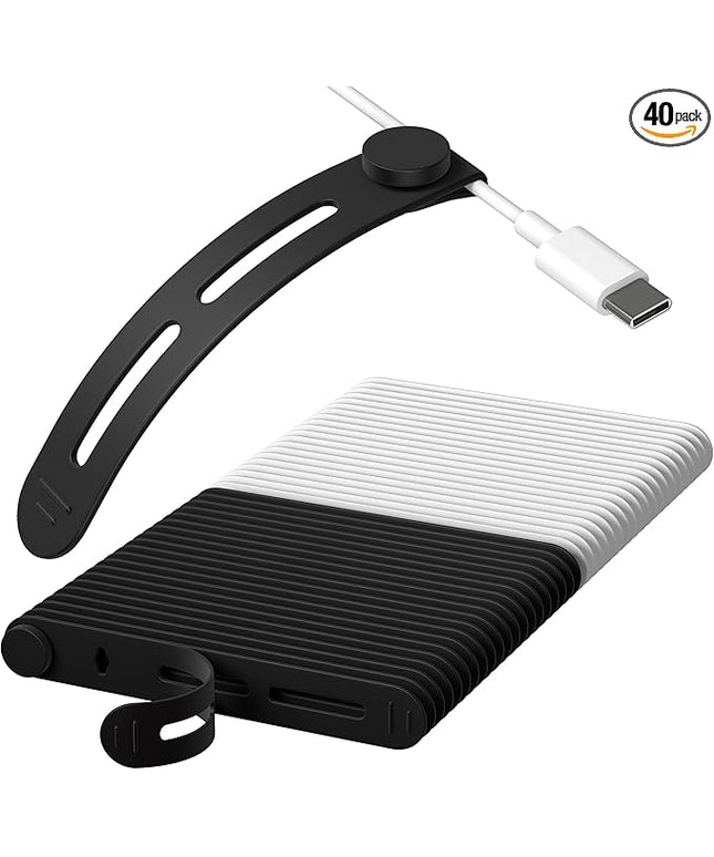 40Pcs Nearockle Reusable Cable Ties, Adjustable Silicone Cord Organizer Small Zip Ties for Charging Cords Earphone Computer Wire, Office Desk Cable Management Travel Accessories(White&Black)