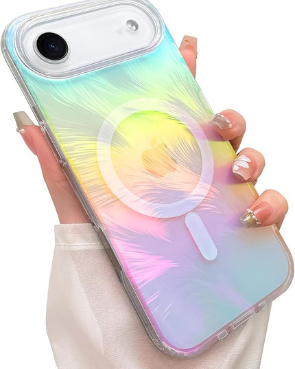 Glitter Case for iPhone Air Case for Women Girls [ Compatible with Magsafe ] Clear Cute Aesthetic Girly Iridescent Feather Sparkly Bling Magnetic Phone Cover, Gradient Blue & Pink