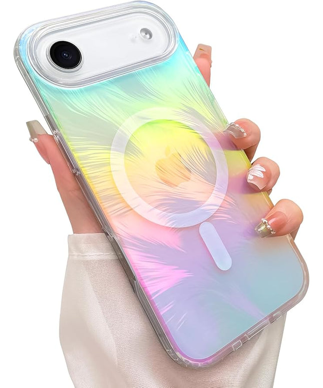 Glitter Case for iPhone Air Case for Women Girls [ Compatible with Magsafe ] Clear Cute Aesthetic Girly Iridescent Feather Sparkly Bling Magnetic Phone Cover, Gradient Blue & Pink
