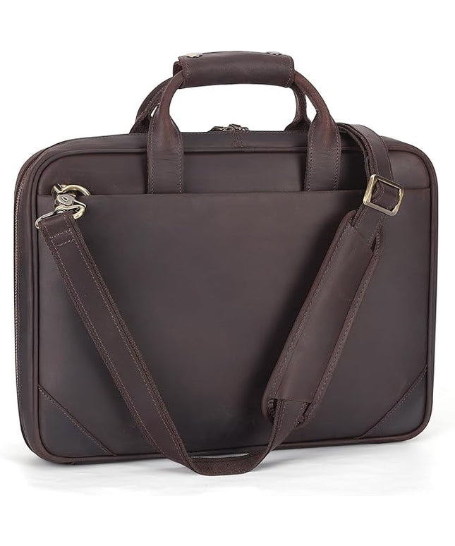 Leather Slim Briefcase for Men 15.6" Laptop Crossbody Messenger Bag Business Work Lawyer Attache Case