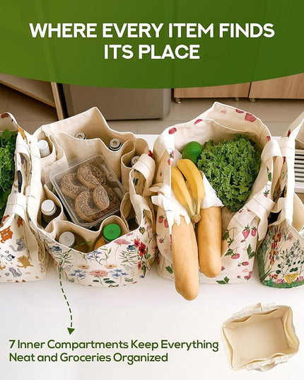 Large Canvas Grocery Tote Bag - Reusable Extra Large Shopping Shoulder Bags with 6 Inner Pockets & 2 Handle Strap
