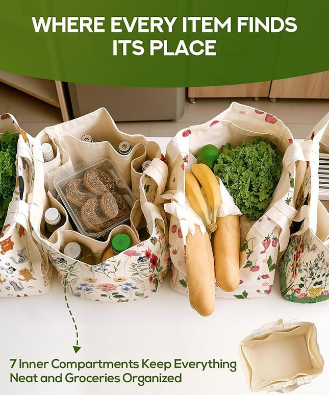 Large Canvas Grocery Tote Bag - Reusable Extra Large Shopping Shoulder Bags with 6 Inner Pockets & 2 Handle Strap