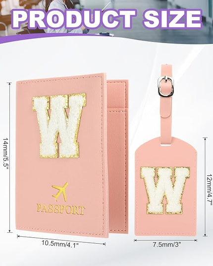 PATIKIL Passport Holder for Travel, Initial Passport Cover and Luggage Tag Set with Alphabet Chenille Letter Patch Travel Wallet Bag Suitcase Identifier for Women Family Travel Pink W