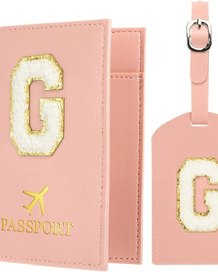 PATIKIL Passport Holder for Travel, Initial Passport Cover and Luggage Tag Set with Alphabet Chenille Letter Patch Travel Wallet Bag Suitcase Identifier for Women Family Travel Pink G