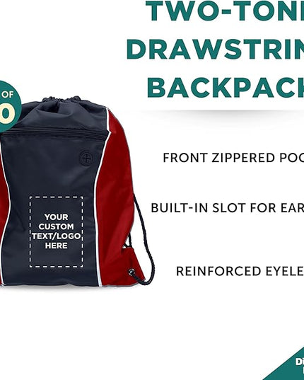 DISCOUNT PROMOS Two-Tone Drawstring Backpack Non-Woven - 50 pack - Customizable Text, Logo - Durable Sports Backpacks - Ideal for Work, Sports, Travel, Gym & More - Red