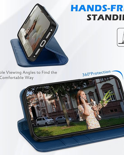 SHIELDON Real Leather Case Walllet for iPhone 17 Pro 6.3-inch 2025 | Foldable Magnetic Closure | RFID Blocking Credit Card Holder | Kickstand | Shockproof Protective Cover | Royal Blue