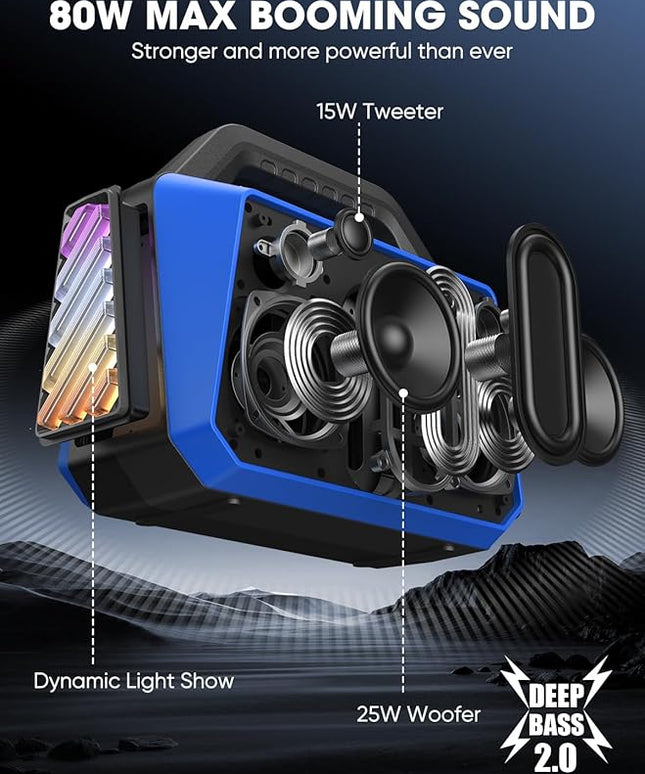 Portable Bluetooth Speakers Loud - Wireless Speaker 80W Peak, Light Show, 20H Playtime, Strong Bass, BT 5.3, TWS, IPX6 Waterproof for Outdoor Travel Beach Camping - Blue