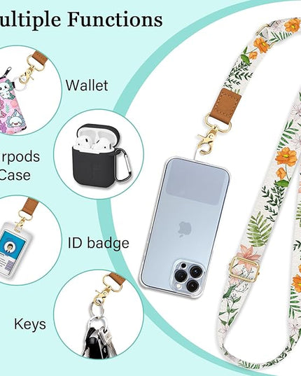 Phone Lanyard Crossbody Wrist Strap, Flower Cell Phone Lanyards for Around the Neck Wristlet Shoulder, Adjustable Floral Strap for Keys Keychain Case ID Badge with Patches