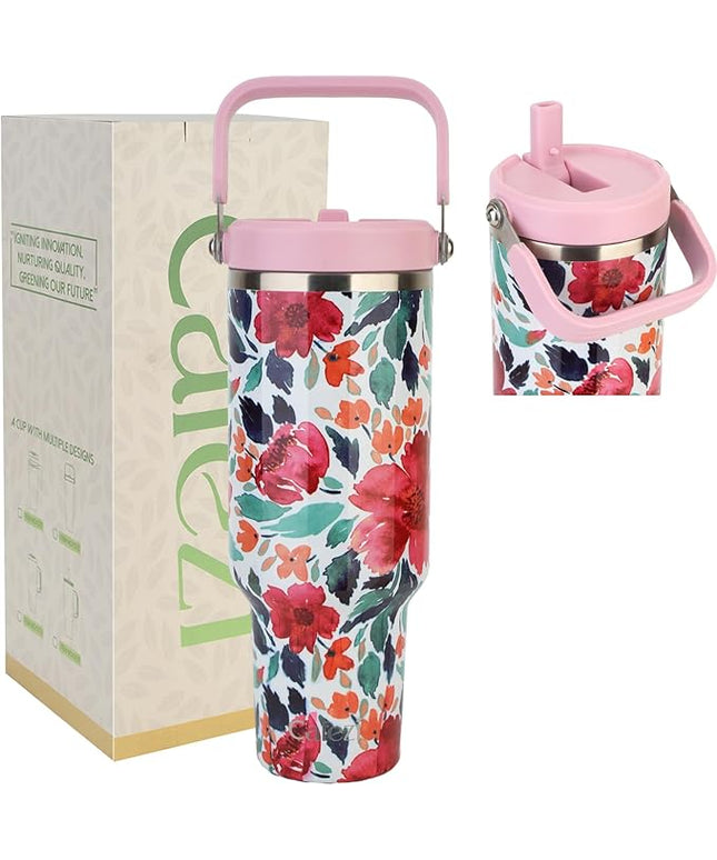 40 oz Insulated Tumbler with Top Handle and Flip Straw, Vacuum Insulated Stainless Steel Cup with Leak-Proof Lid, Sweat-Free, Fits Cup Holder, Keeps Ice Cold up to 30 Hours