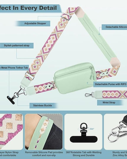 Clip and Go Strap for Phone with Wallet Crossbody, Adjustable Phone Lanyard with Detachable RFID Wristlet Wallet, Pattern Strap - Green (L)
