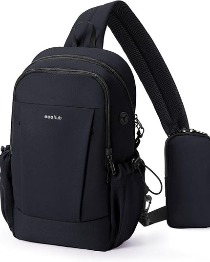 ECOHUB Anti-Theft Crossbody Bag Men Women, RFID Blocking Lightweight Sling Backpack Eco-Friendly with 9 Pockets Sturdy SBS Zippers Water Resistant for Travel Work Hiking Outdoor, Black