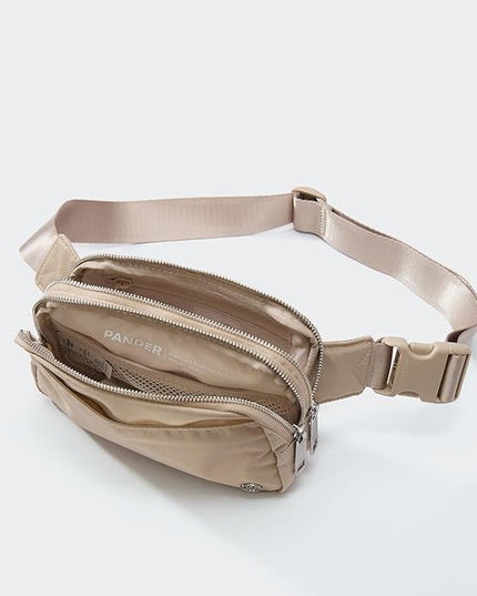 Pander Everywhere Belt Bag for Women, 5 Zipper Pockets Nylon Crossbody Fanny Pack Purse (Raw Linen).