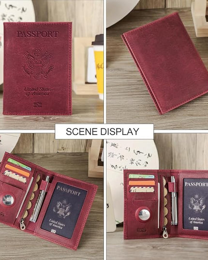 CONTACTS Full Grain Leather Passport Holder RFID Blocking Travel Passport Wallet Compatible Airtag Passport Cover Case with 4 Cards Slots, Coin Pocket (Badge, Wine Red)
