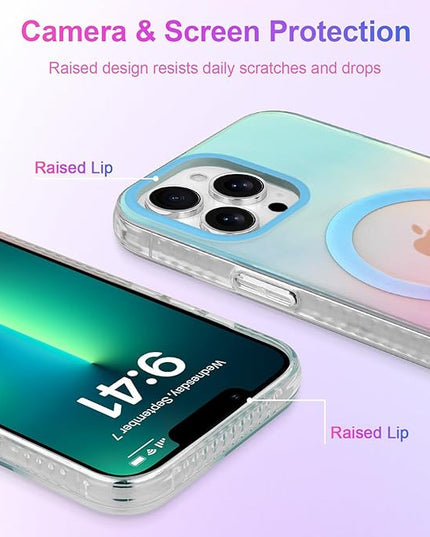 Aesthetic Case for iPhone 13 Pro Case for Women Girls, Compatible with Magsafe, Cute Girly Trendy Glitter Sparkly Rainbow Magnetic Protective Phone Cover, Matte Iridescent Blue & Pink