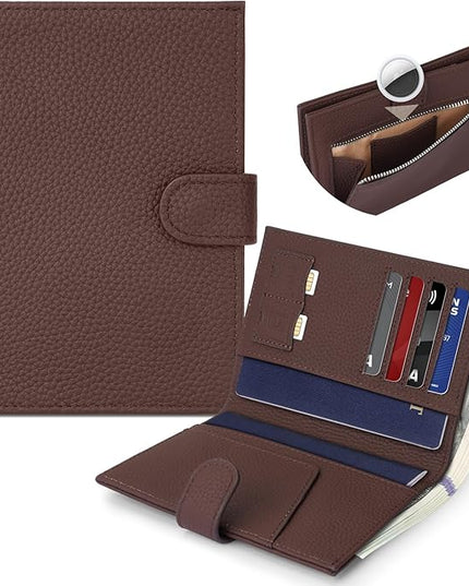 Genuine Leather Passport Holder for Women Men, Hidden Airtag Pocket, RFID Blocking, Zippered Coins Pocket & Cash Compartment Travel Gifts Essentials Passport Cover Case - Coffee