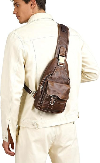 Genuine Leather Hiking Travel DayPack Sling Crossbody Triangle Chest Pack Bag For Men Women 8241