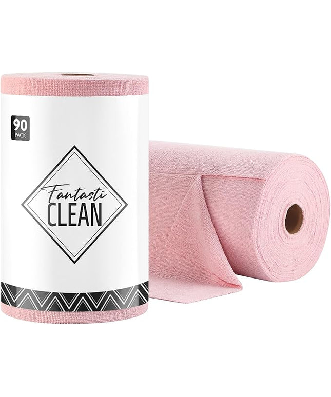 Fantasticlean Microfiber Cleaning Cloth Roll -90 Pack, Tear Away Microfiber Towels, 12" x 12", Reusable, Washable, Scratch Free, Ultra Absorbent Dishcloth for All-Around Cleaning Supplies (Pink)