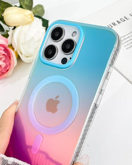 Aesthetic Case for iPhone 16 Pro Max Case for Women Girls, Compatible with Magsafe, Cute Girly Trendy Glitter Sparkly Rainbow Magnetic Protective Phone Cover, Matte Iridescent Blue & Pink