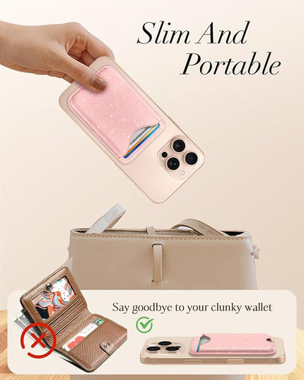 Shorogyt Phone Wallets Compatible with Magsafe Wallet Glitter - Magnetic Card Holder Light Pk for Women Teen Girls for iPhone 17/16/15/14/13/12 Series Slim for Apple Mag RFID Magnet, Fit 3 Cards